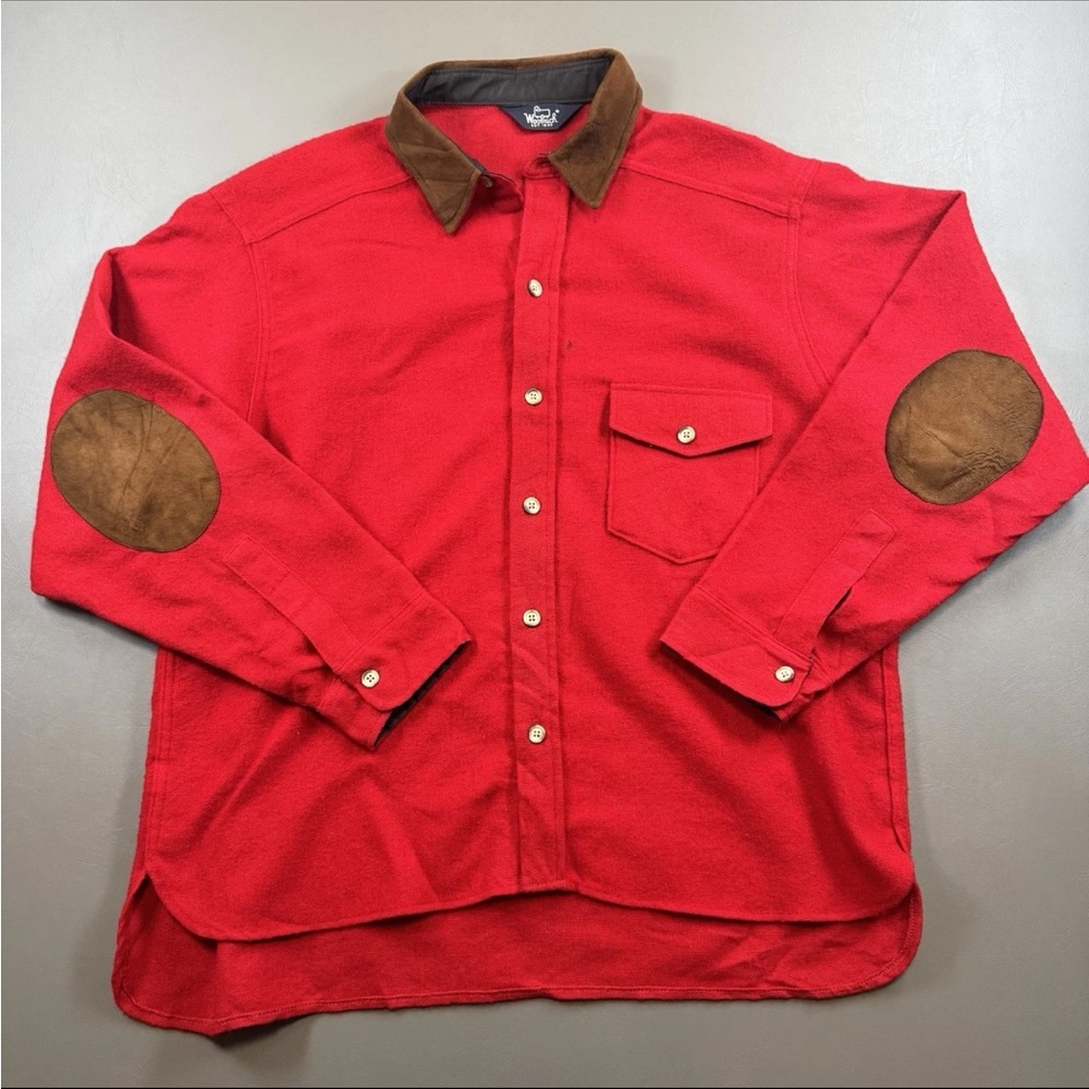 Vintage 1970s Woolrich Red Wool Shirt Jacket Suede Elbow Patches Men’s Large